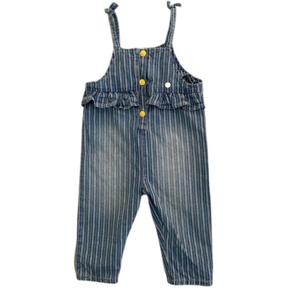 OM Love Striped Denim Ruffle Overalls Size 12-18 Months - Picture 1 of 8